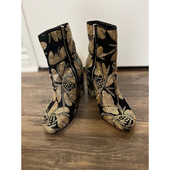 Steve Madden Goldie Black Gold Floral Embroidered Sequin Booties 8.5 Holiday - Picture 7 of 11